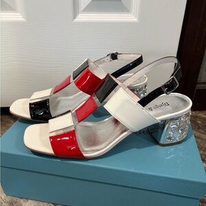 Django and Juliette red white and black patent 2.5” heel shoes